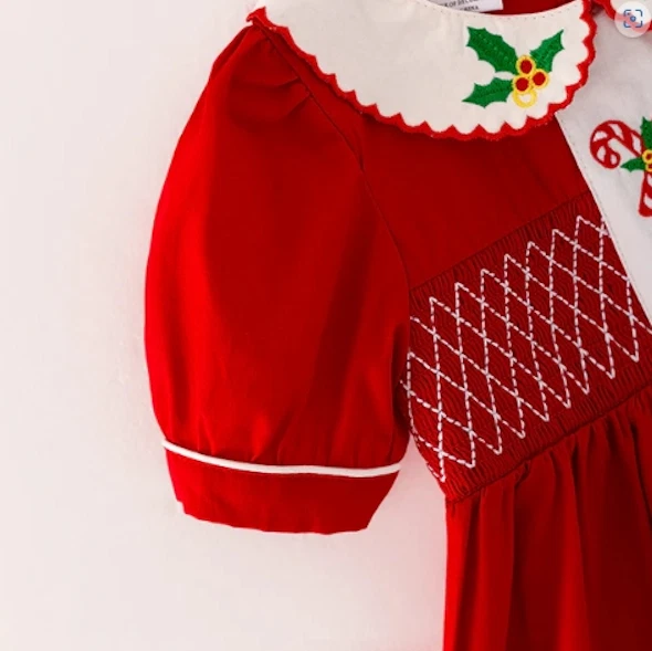 NUEVO Vestido Boutique Navidad Bastón de Caramelo Niñas Bordado Manga Corta Foto 3 de 4