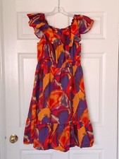 Nine West Tropical BOHO Print Smocked Waist Off-Shoulder Midi Dress Size XL