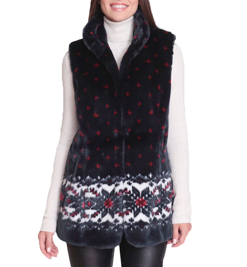 New Black Mountain Snowflakes Faux Fur Fleece Vest with Satin