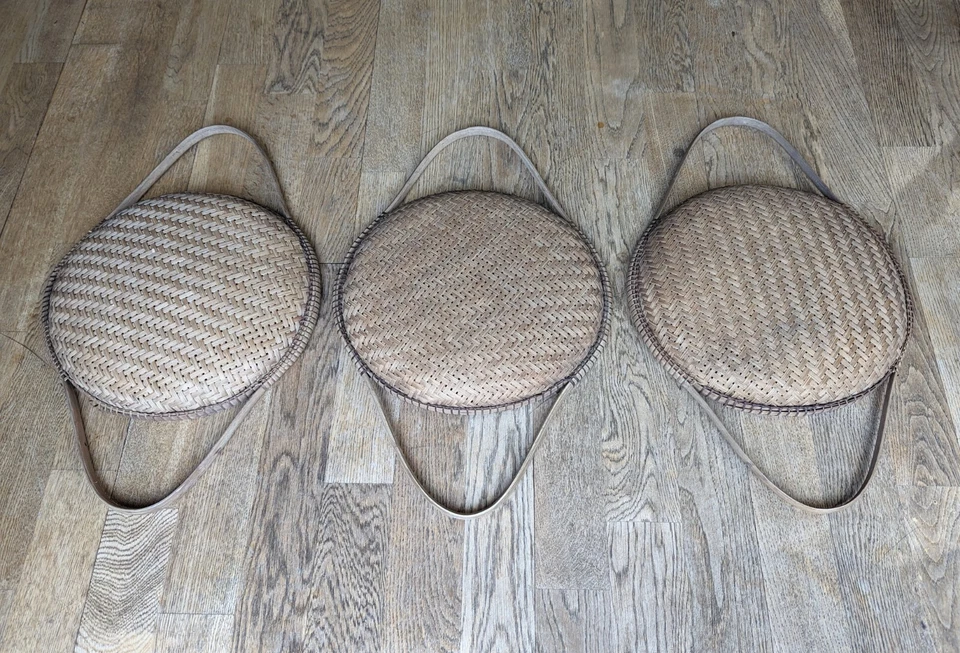 Vintage x3 Rattan Handmade Baskets Tiki Decor Serving Tray Bamboo Strainer Sieve - Image 3 of 4