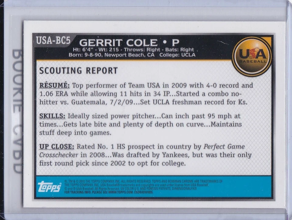 GERRIT COLE ROOKIE CARD 2010 Bowman CHROME 1st RC Baseball TEAM USA NY YANKEES! - Image 2 of 2