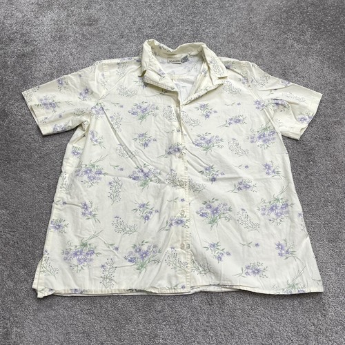 Classic Elements Floral Button Down Shirt Blouse Womens Large Ivory Cotton Top