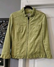 Chicos Womens Size M/8 Corduory Jacket Chartreuse Green Ruffle Neck Full Zip
