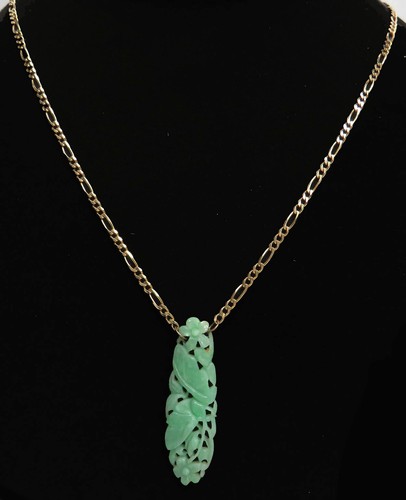 WONDERFUL ANTIQUE CARVED GREEN JADE PENDANT & 14K GOLD 20" CHAIN - Picture 2 of 4