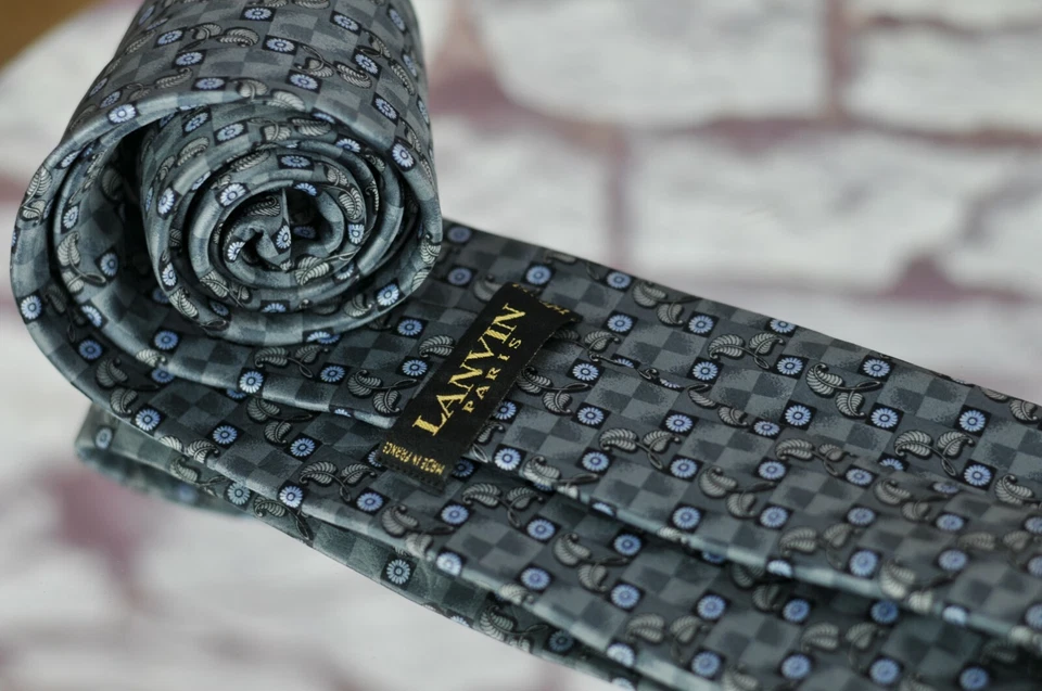 Corbata de seda estampada geométrica floral gris Lanvin Paris para hombre 58 x 3,75 pulgadas Foto 3 de 3