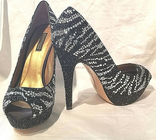 SML 8 PEEP TOE Black & Silver Crystal Platform BENJAMIN ADAMS 6" Heel eu42 NWOT - Picture 2 of 10