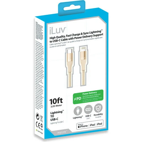 Кабель быстрой зарядки iLuv ICB278GD USB-C на Lightning, 10 футов Сертифицированный Apple MFi - Изображение 2 из 4