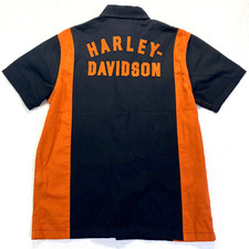 Harley Davidson Shirt Mens Med Black Orange Embroidered Motorcycle Mechanic Work