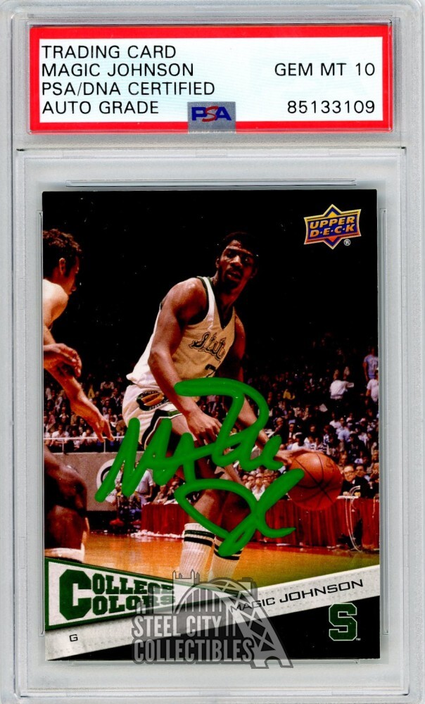Magic Johnson 2010-11 Upper Deck College Colors Auto Card #3 PSA/DNA 10 (Green)