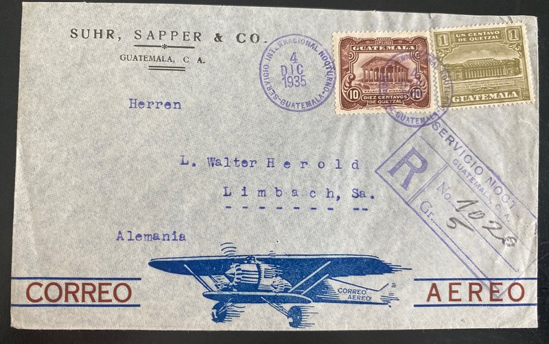 1935 Guatemala Airmail Night Flight Cover To Limbach Germany Via PANAGRA
