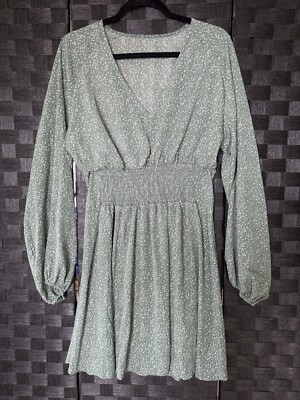 Women's XL Dress Green White Flowy Boho Puff Sleeves V Neck | eBay