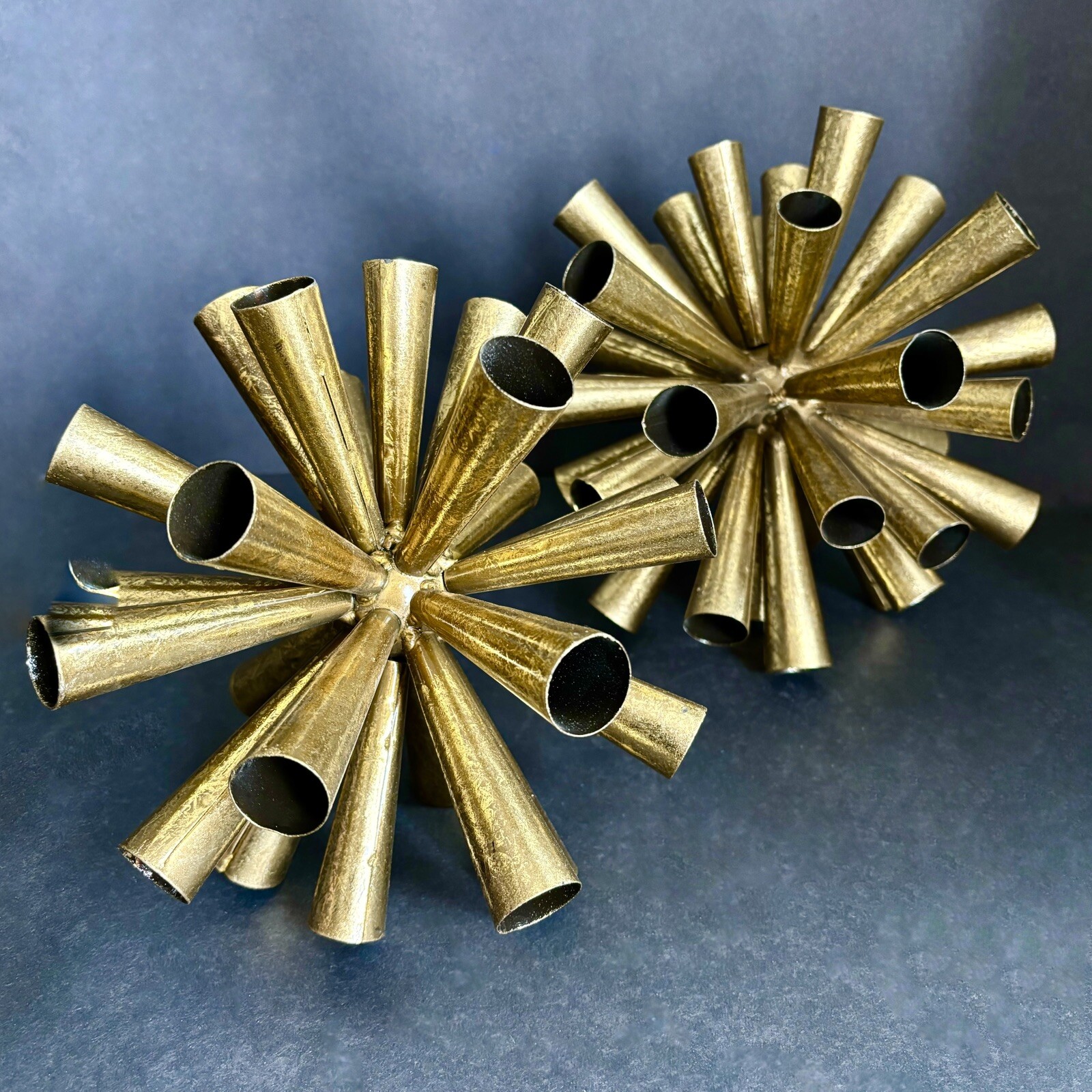 2 Metal Starburst Sputnik Style Tube Sculptures 10” And 8” Gold Tone Vintage