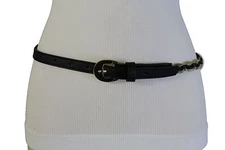 Women Classy Fashion Black Narrow Belt Faux Leather Gold Metal Links Buckle S M