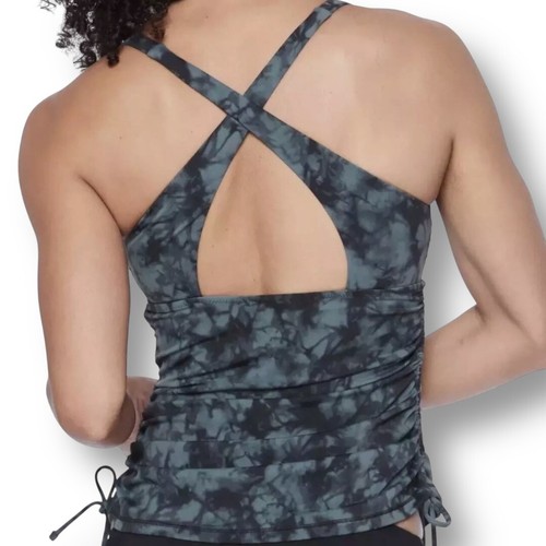 Athleta XS Black Gray Tie Dye Swim Tankini Top Ruched Crossback Rash Guard - Picture 2 of 7