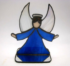 Vintage Free Standing Blue Clear Stained Glass Angel With Mirror Base 6.25"