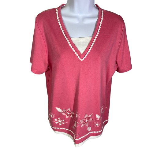 Alfred Dunner rosa weiß Blumen bestickt Kurzarm Top Damen Größe Medium - Bild 1 von 7