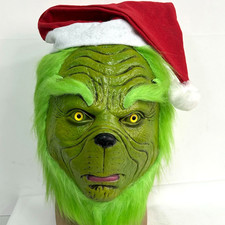 The Grinch X'mas Cosplay Latex Mask with Green Furry Fur for Christmas with hat