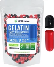 Size 3 Black & Red Empty Gelatin Pill Capsules Kosher Gel Gelcaps Made in USA