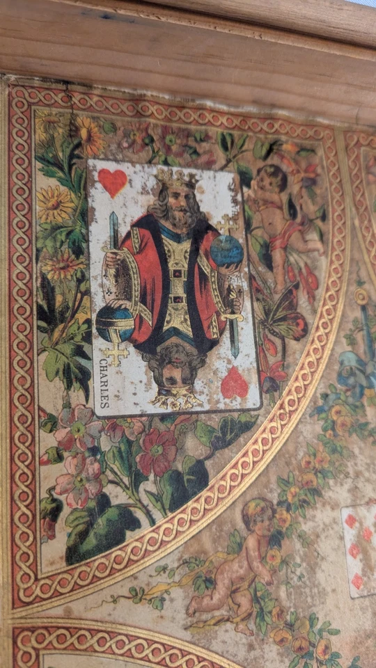 Ancien jeu de Nain Jaune XIXe, décor Angelots, Casiers bois en Étoile, Jetons Os - Photo 4/4