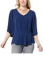 IMAN Global Chic Women's Pleated Knit Peplum Top Navy