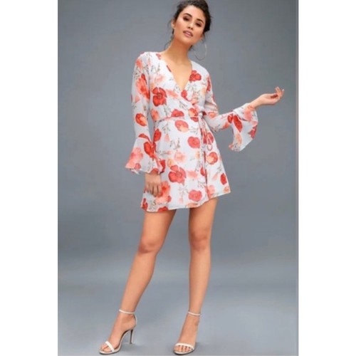 Lulus Long Sleeve Wrap Dress Orange Floral Fall Short Dress Ruffles Fairy XL