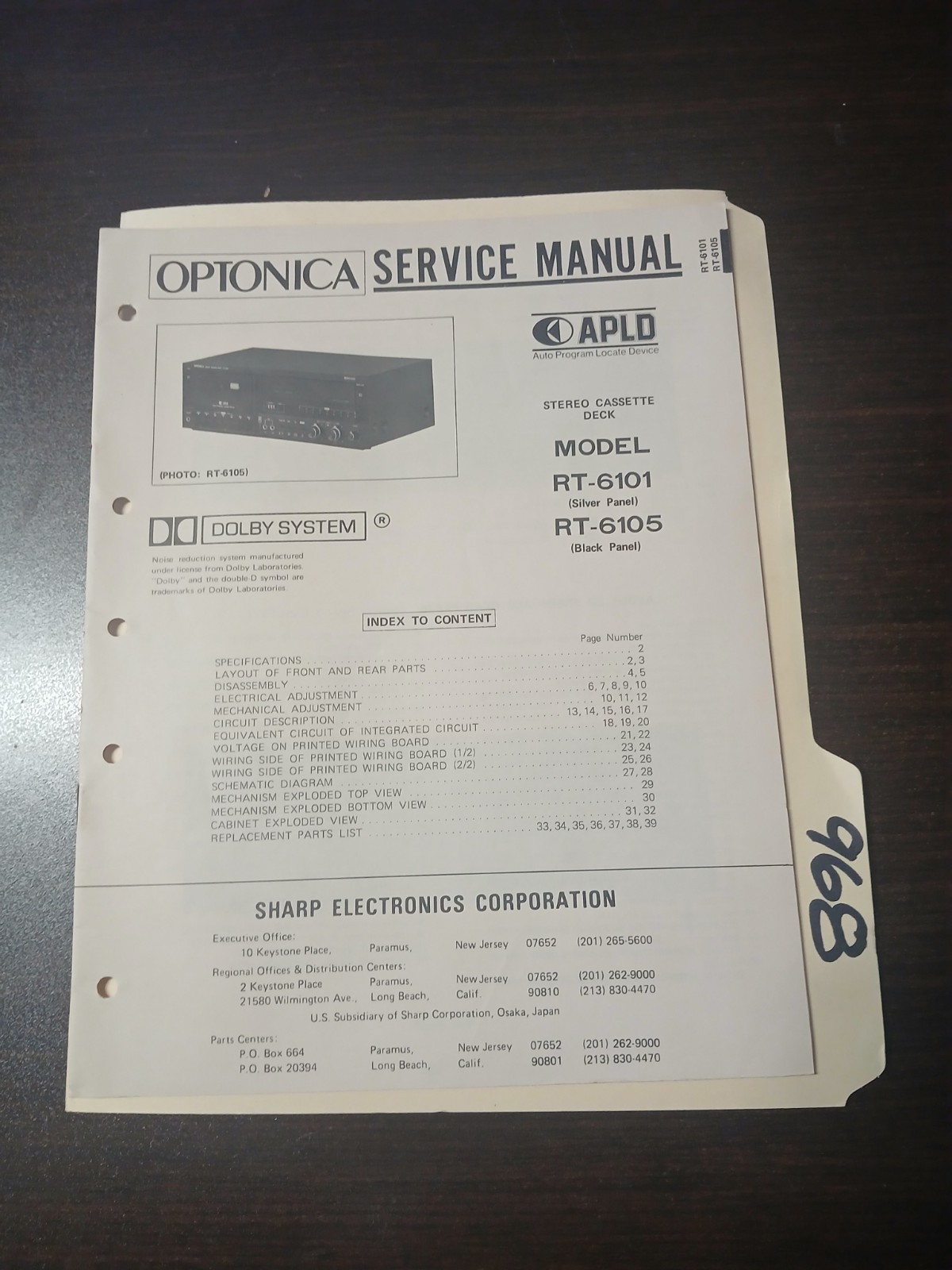 Optonica Model RT-6101,6105 Service Manual Original Repair Book Stereo Cassette