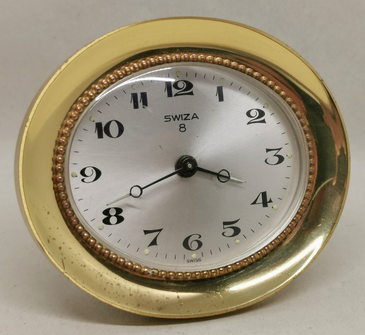 SWIZA 8 置き時計　手巻き式　アラーム付き　真鍮 スイス製　ヴィンテージ Vtg 1960s Swiza 8 Days Small 8cm Brass Oval Swiss Bedside Desktop