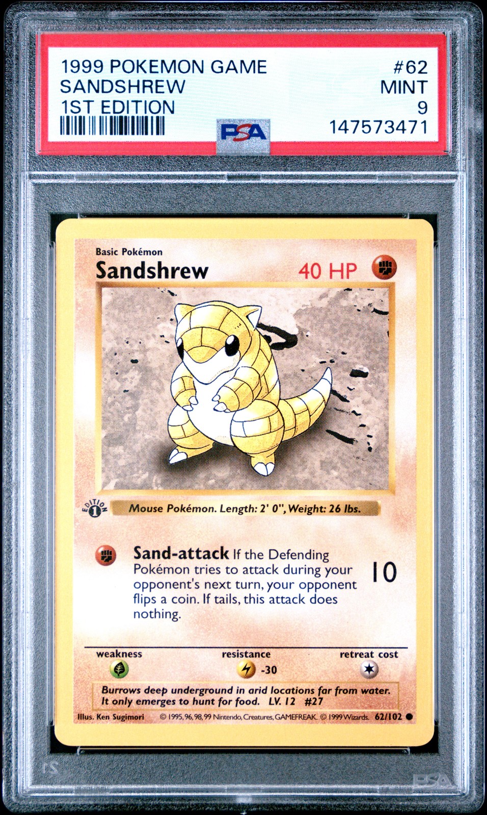 1999 POKEMON BASE SET 1ST EDITION #62 SANDSHREW PSA 9