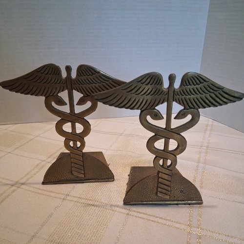 Pair Brass Medical Symbol Bookends Caduceus Winged Snake Hermes Israel VTG
