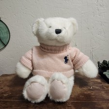 Ralph Lauren Romance White Teddy Bear Plush Pink Knit Sweater 14"