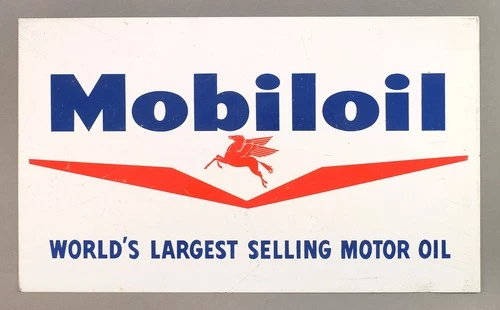 Vintage Mobiloil Heavy Tin Motor Oil Advertising Sign 1940s-50s Flying Red Horse