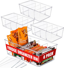 Clear Pantry Organizer Bins 4-Pack - Fridge Organizer with 3 Removable Dividers