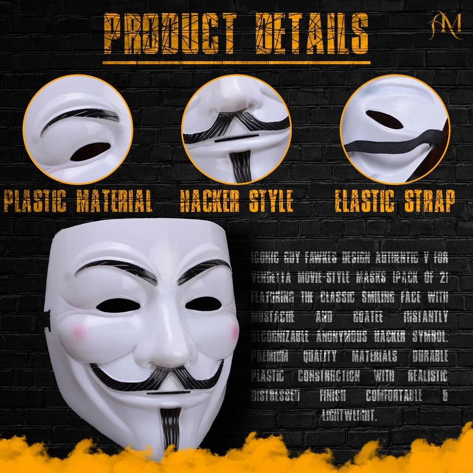 2x Máscara Vendetta Guy Fawkes Máscara Facial Hacker Anónimo Disfraz Accesorio Foto 2 de 4