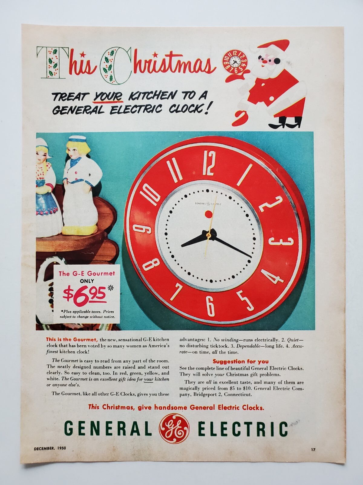 General Electric Kitchen Clock 'Gourmet' Dutch Figurines 1950 Vintage