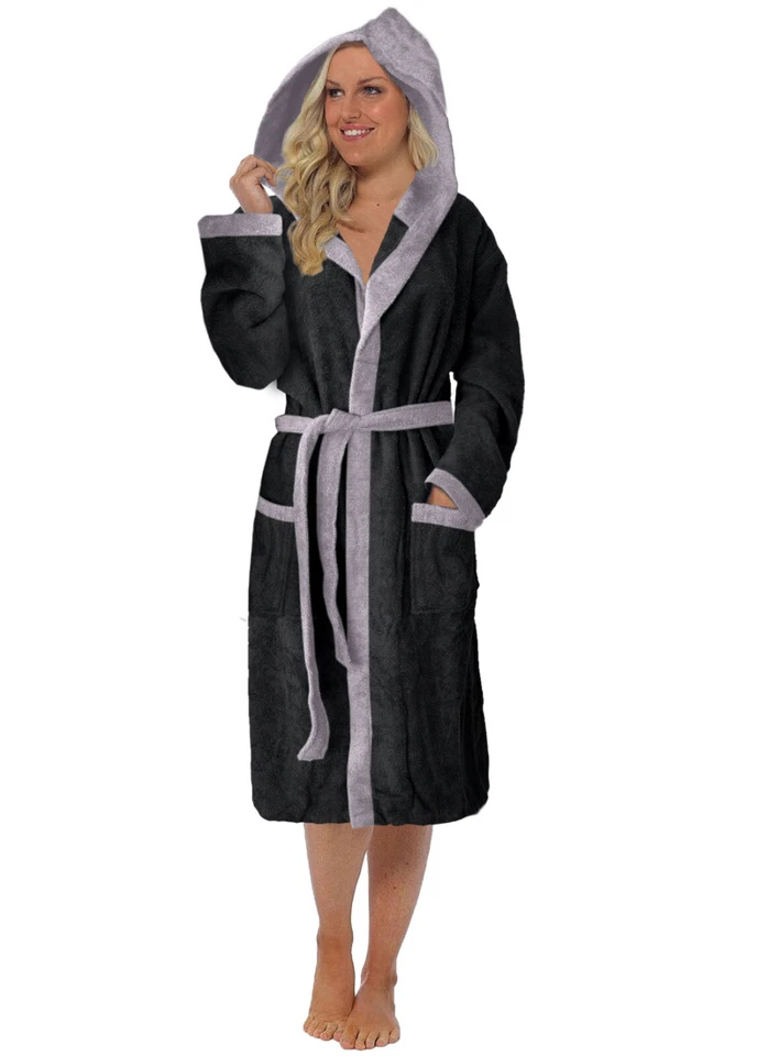 FROTTEE BADEMANTEL DAMEN 100% BAUMWOLLE SAUNA MORGENMANTEL KAPUZE NEU