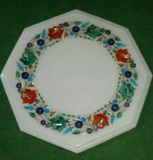 12" Marble corner Table Top Inlay Pietra dura stones Floral art Decor furniture