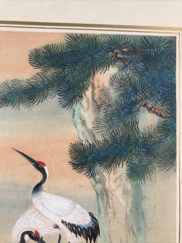 Vintage Original Miniature Oil Painting Japanese Cranes Evergreen Branch -Signed - Picture 6 of 14