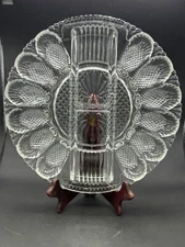 Vintage LE Smith Pressed Glass Deviled Egg & Relish Tray Serving Dish 11”W