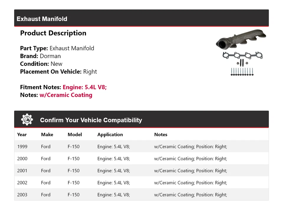 Colector de escape derecho para Ford F-150 1999-2003 5,4 L V8 Dorman 2000 2001 2002 Foto 2 de 4