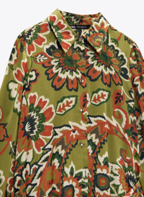 Zara NWT SS21 WOMAN Olive Green Floral Printed Satin Midi Shirt Dress  9198/214 | eBay
