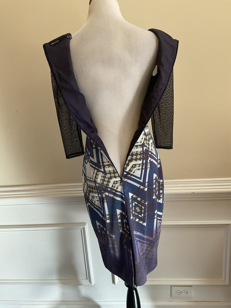 【Karen Millen】 アシンメトリー チェック柄 ミダクシドレス KAREN MILLEN Zig Zag Check Print Long Mesh Sleeves Bodycon