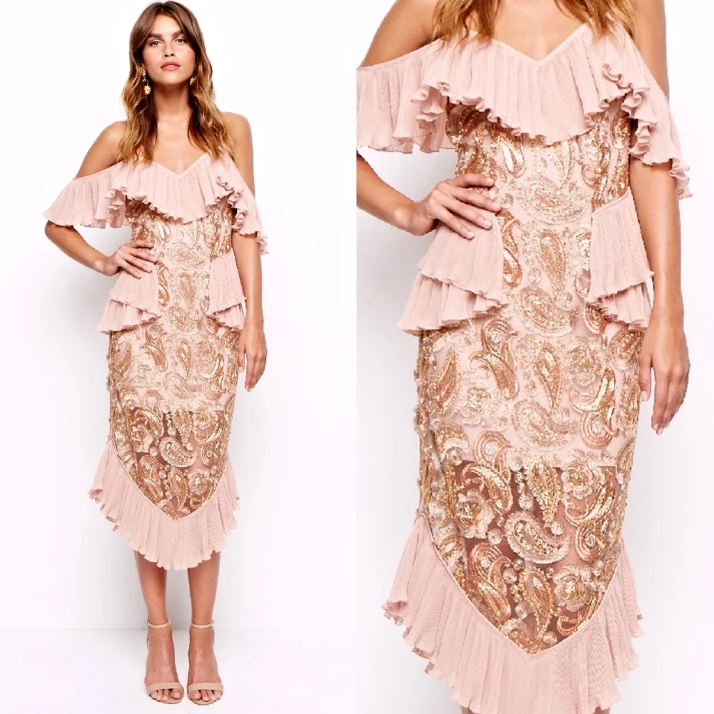 Alice McCALL Dress Off The Shoulder Ruffle lace Midi Floral Rose