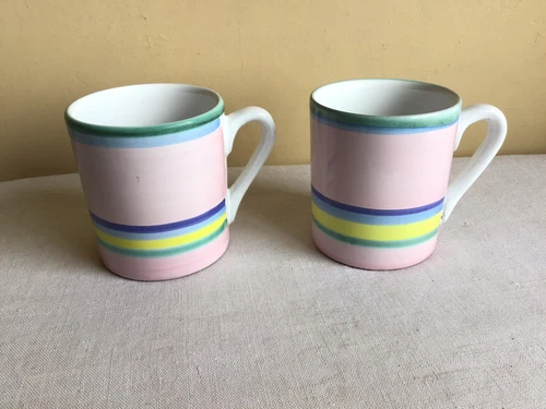 Lot Of 2 Caleca Italian Pottery Hand Painkted Ceramica Pastel Striped Coffee Mug