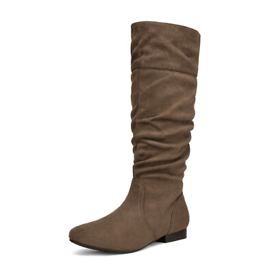 Women Suede Leather Pull On Flat Slouchy Knee High Boots Shoes US