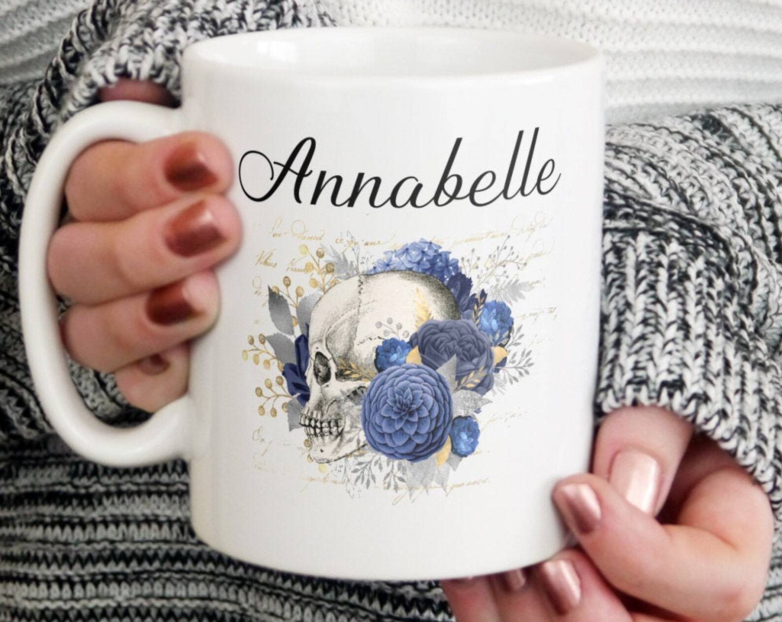 Personalised Skull & Blue Flowers Mug Personalised Mug Personalised Gift Gif