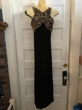 Vtg Lawrence Kazar Black Gold 100 Silk Beaded Formal Evening Gown sz PS VGUC