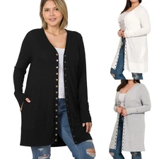 1X 2X 3X Snap Button Hip or Thigh Length Long Sweater Cardigan with Side Pockets