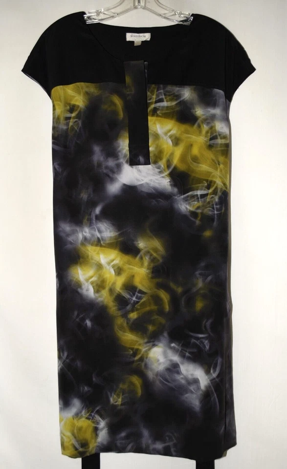 Nordstrom Black Silk with Purple Yellow Tie Dye Cap Sleeve Belted Dress Size 2 - Image 3 of 4