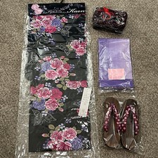 Ladies Floral Butterfly Print Yukata with Obi, Sandals Drawstring Basket Bag