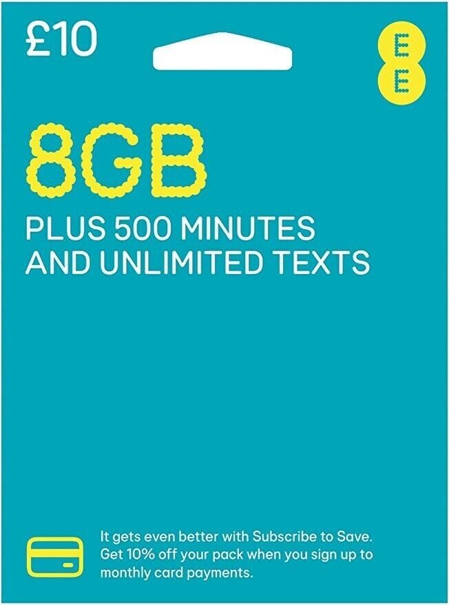 EE Sim Card Pay As You Go Pack 8 GB Unlimited SMS Triple Size £10